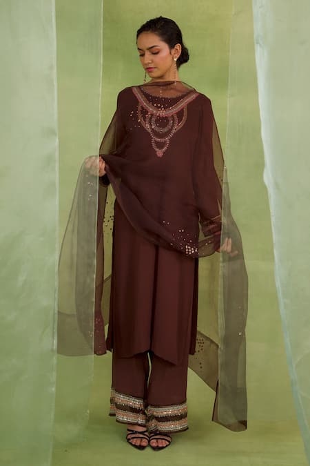 Radha Sharma Brown Georgette, Crepe, Organza Beads, Sequins, Embroidery Embellished Kurta Set 