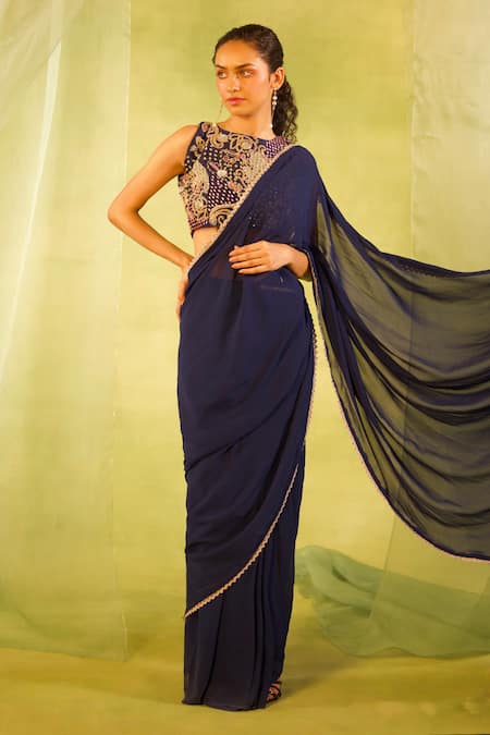 Radha Sharma Navy Georgette, Silk, Chanderi Embroidery Hand Pre-draped Saree With Blouse 
