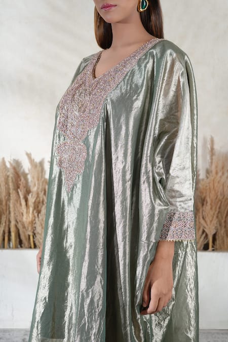 Vedika Soni_Green Tissue, Cotton, Crepe Tassels, Embroidery V-neck Kaftan Set _Online_at_Aza_Fashions