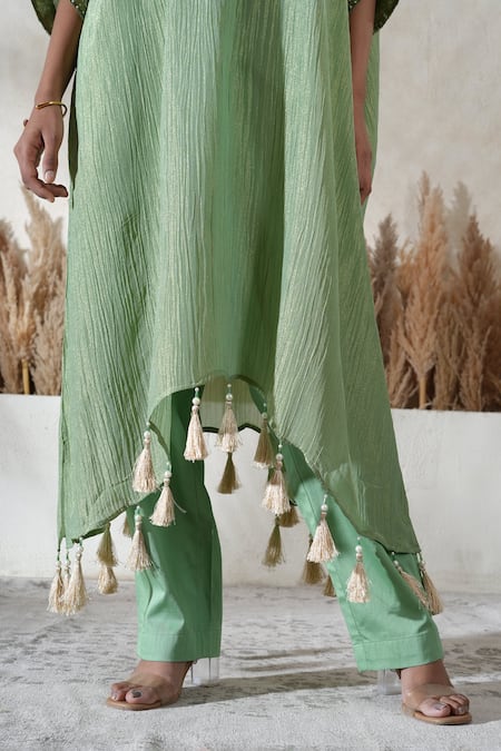 Buy_Vedika Soni_Green Cotton Tassels V-neck Embroidered Kaftan Set _Online_at_Aza_Fashions