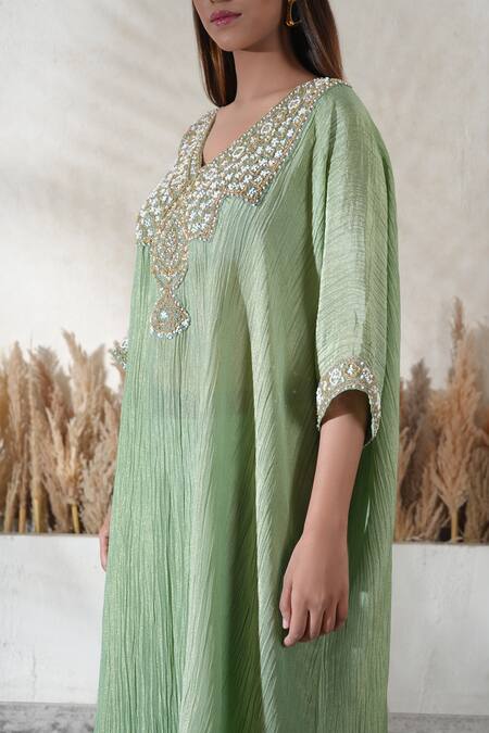 Shop_Vedika Soni_Green Cotton Tassels V-neck Embroidered Kaftan Set _Online_at_Aza_Fashions
