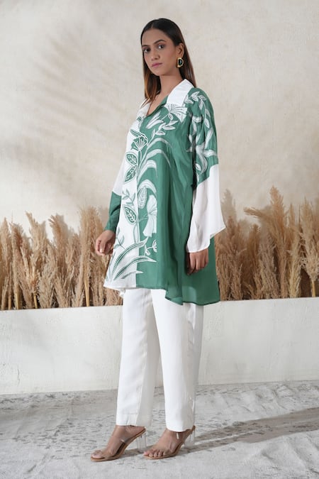 Shop Vedika Soni Ivory Crepe Embroidery Collared Shirt Set Online at Aza Fashions Shop_Vedika Soni_Ivory Crepe Embroidery Collared Shirt Set _Online_at_Aza_Fashions