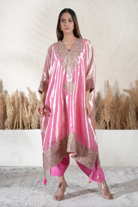 Vedika Soni Pink Tissue, Cotton, Crepe Embroidery V-neck Kaftan Set 