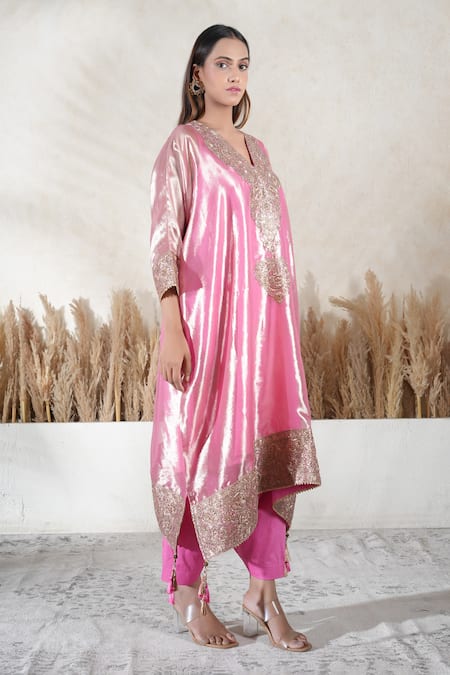 Shop_Vedika Soni_Pink Tissue, Cotton, Crepe Embroidery V-neck Kaftan Set _Online_at_Aza_Fashions