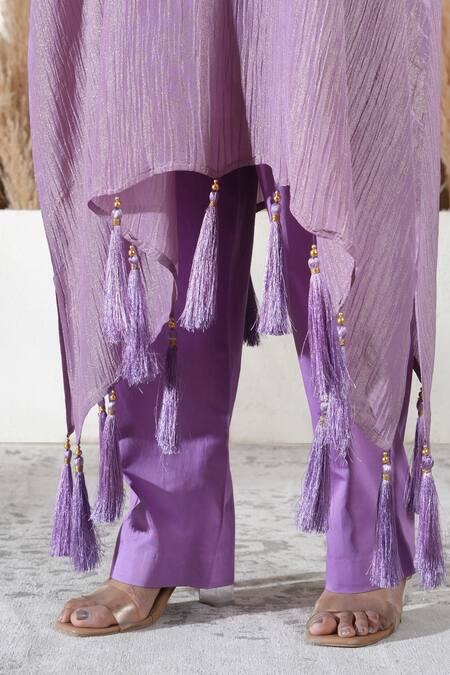 Buy_Vedika Soni_Purple Tassels V-neck Embroidered Kaftan Set _Online_at_Aza_Fashions