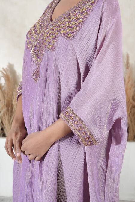 Shop_Vedika Soni_Purple Tassels V-neck Embroidered Kaftan Set _Online_at_Aza_Fashions