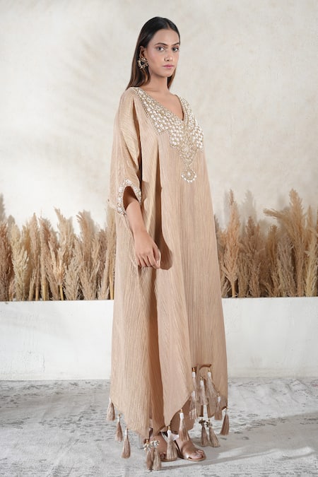 Vedika Soni_Beige Cotton, Crepe Tassels V-neck Embroidered Kaftan Set _Online_at_Aza_Fashions