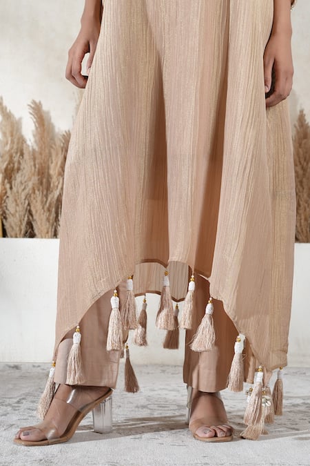 Buy_Vedika Soni_Beige Cotton, Crepe Tassels V-neck Embroidered Kaftan Set _Online_at_Aza_Fashions