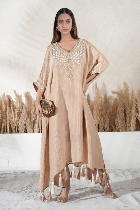Vedika Soni Beige Cotton, Crepe Tassels V-neck Embroidered Kaftan Set 