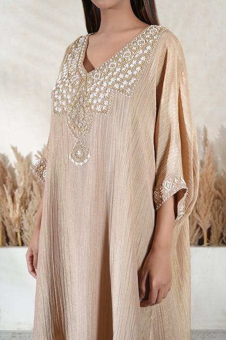 Shop_Vedika Soni_Beige Cotton, Crepe Tassels V-neck Embroidered Kaftan Set _Online_at_Aza_Fashions