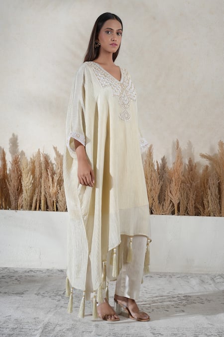 Buy_Vedika Soni_Ivory Tassels V-neck Embroidered Kaftan Set _Online_at_Aza_Fashions