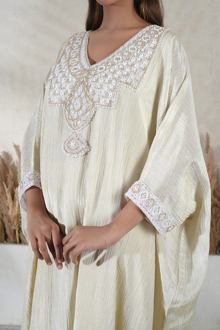Shop_Vedika Soni_Ivory Tassels V-neck Embroidered Kaftan Set _Online_at_Aza_Fashions