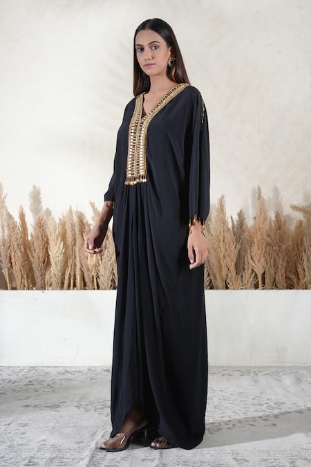 Buy_Vedika Soni_Black Beads V-neck Embroidered Kaftan _Online_at_Aza_Fashions
