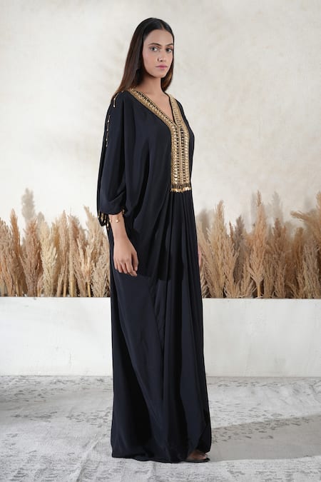 Shop_Vedika Soni_Black Beads V-neck Embroidered Kaftan _Online_at_Aza_Fashions