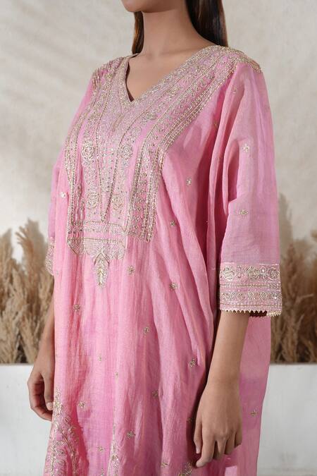 Vedika Soni_Pink Chanderi, Cotton, Tissue, Crepe Tassels V-neck Embroidered Kaftan Set _Online_at_Aza_Fashions