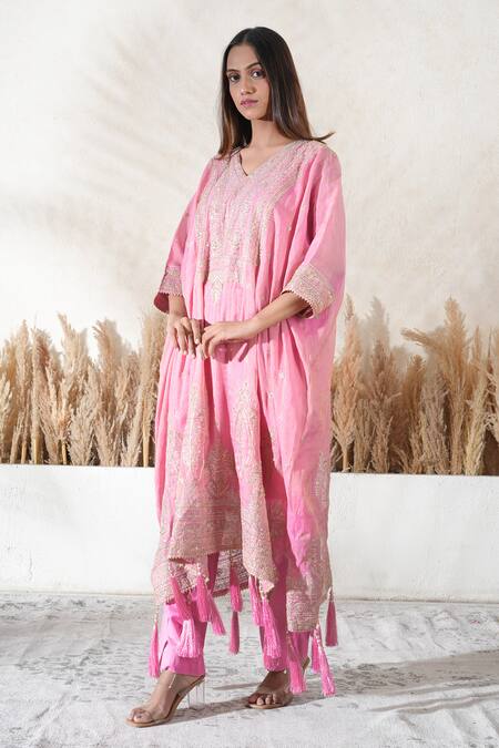 Shop_Vedika Soni_Pink Chanderi, Cotton, Tissue, Crepe Tassels V-neck Embroidered Kaftan Set _Online_at_Aza_Fashions