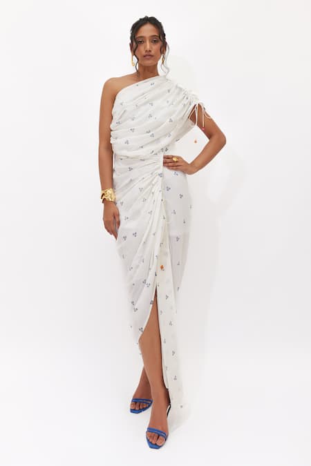 Aapro White Cotton One Shoulder Freya Draped Dress