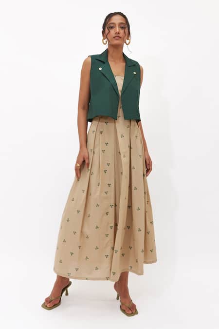 Aapro Beige Cotton Round Neck, Selva Multi Colour Hand Block Printed Dress And Jacket 
