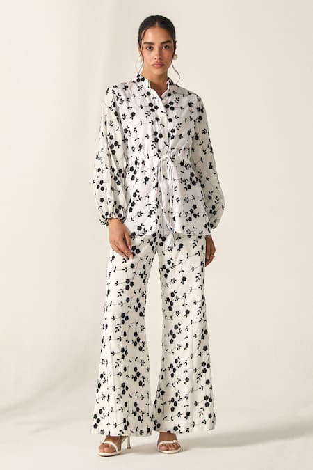 House Of Zeniaa White Cotton Embroidery Collared Floral Print Schiffli Sage Set 