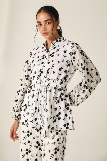 Shop_House Of Zeniaa_White Cotton Embroidery Collared Floral Print Schiffli Sage Set_Online_at_Aza_Fashions