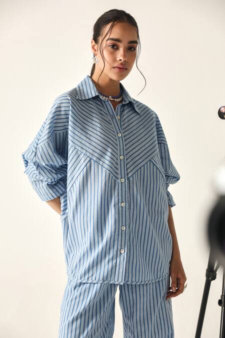Shop House Of Zeniaa Blue Cotton Collared Sophia Striped Co-ord Set Online at Aza Fashions Shop_House Of Zeniaa_Blue Cotton Collared Sophia Striped Co-ord Set_Online_at_Aza_Fashions