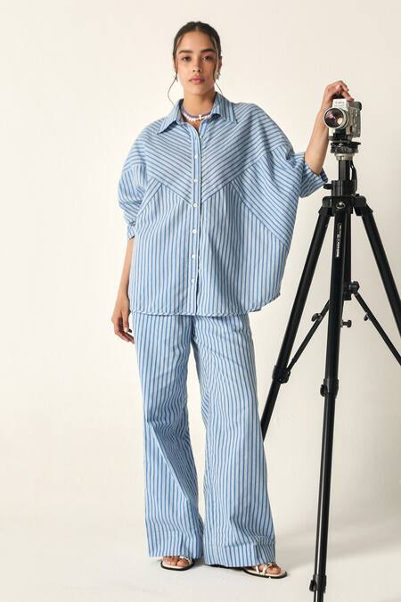 House Of Zeniaa_Blue Cotton Collared Sophia Chevron Panel Striped Shirt_at_Aza_Fashions