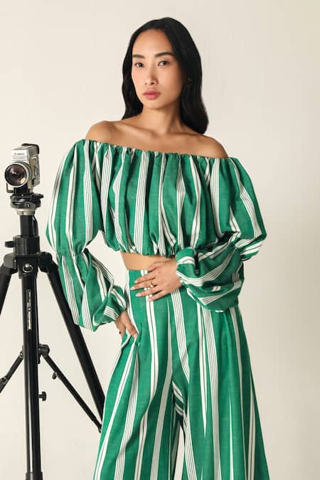 House Of Zeniaa_Green Cotton Off-shoulder Striped Willow Set_at_Aza_Fashions