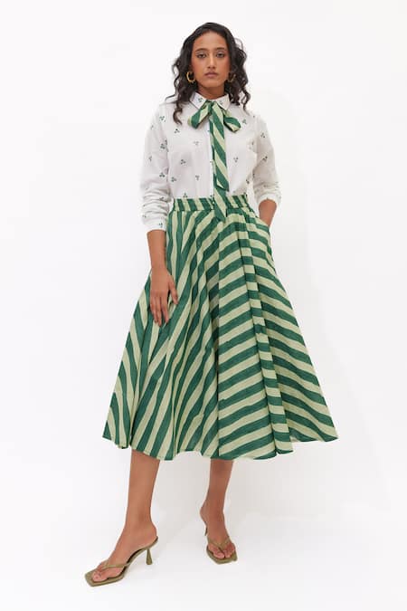 Aapro White Cotton Collared Gaia Block Printed Skirt Set 