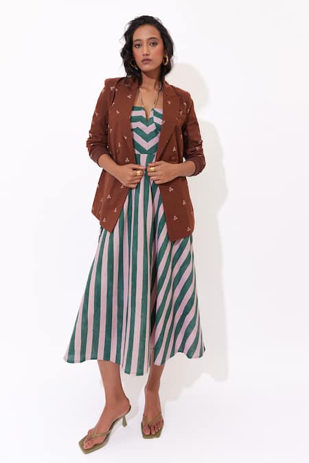 Aapro Brown Cotton V-neck Wisteria Hand Block Printed Dress And Blazer Set 