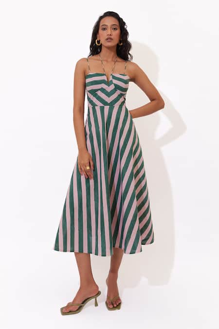 Aapro Green Cotton Sweetheart Neck Esme Stripe Pattern Dress 
