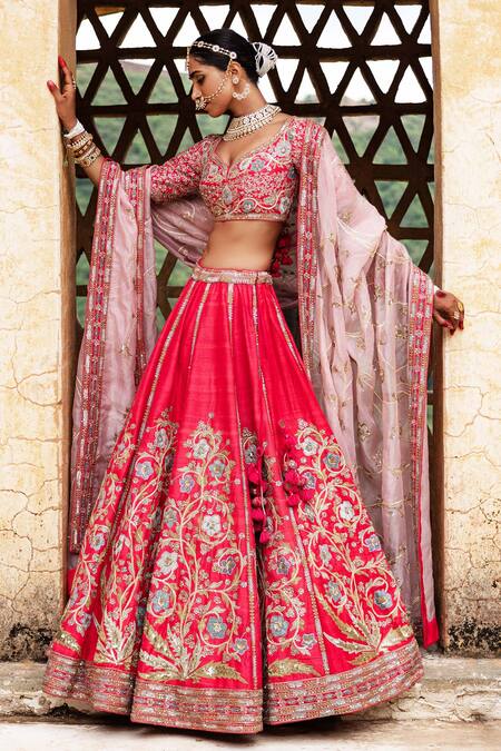 Shop_Aangan By Parul_Red Silk Embroidery Leaf Neck Floral Whispers Lehenga Set _Online_at_Aza_Fashions