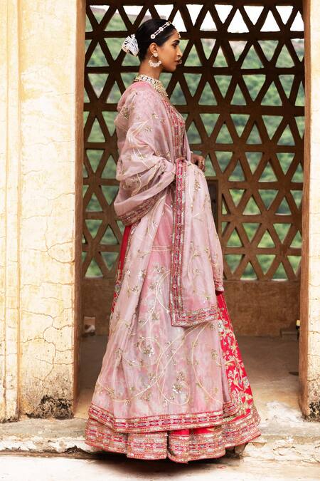 Buy_Aangan By Parul_Red Silk Embroidery Leaf Neck Floral Whispers Lehenga Set 