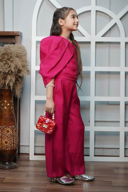 Jelly Jones_Pink Falling Flap Sleeve Top And Pant Co-ord Set_at_Aza_Fashions