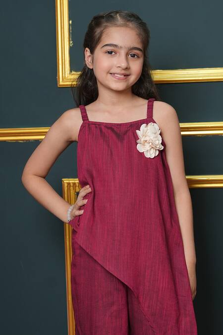 Jelly Jones_Maroon Fabric Flowers Asymmetric Jumpsuit_Online_at_Aza_Fashions