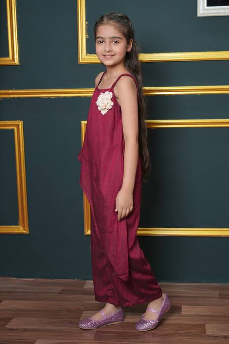 Buy_Jelly Jones_Maroon Fabric Flowers Asymmetric Jumpsuit_Online_at_Aza_Fashions
