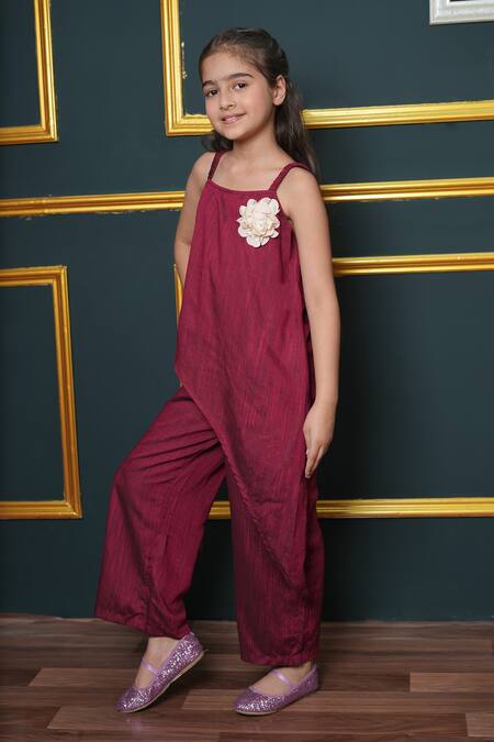 Jelly Jones_Maroon Fabric Flowers Asymmetric Jumpsuit_at_Aza_Fashions