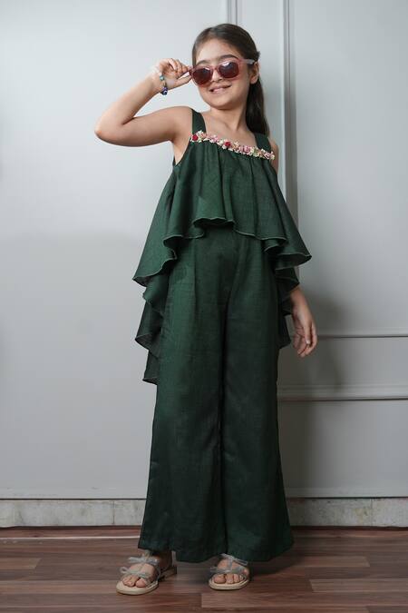 Jelly Jones_Green Embroidery Flower Embellished Jumpsuit_at_Aza_Fashions