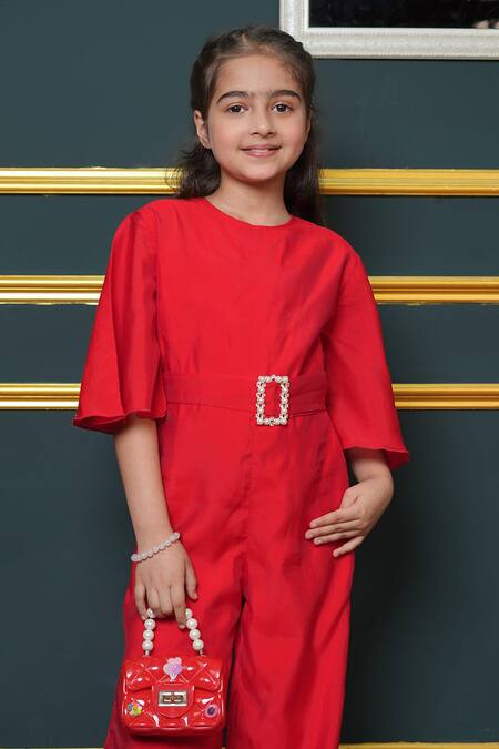 Jelly Jones Red Beads Embellished Buckle Jumpsuit Online at Aza Fashions Jelly Jones_Red Beads Embellished Buckle Jumpsuit_Online_at_Aza_Fashions