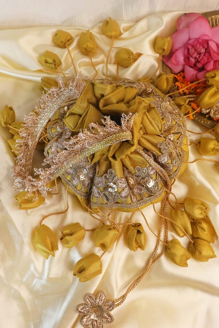 Shop_Soho Boho Studio By Aarti Thakur_Gold Tassels Embellished Potli Bag _Online_at_Aza_Fashions