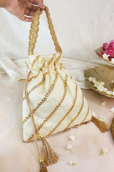 Soho Boho Studio By Aarti Thakur_White Gota Patti, Lace Embellished Potli Bag _Online_at_Aza_Fashions
