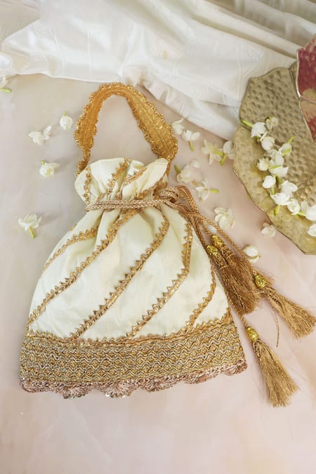 Buy_Soho Boho Studio By Aarti Thakur_White Gota Patti, Lace Embellished Potli Bag _Online_at_Aza_Fashions