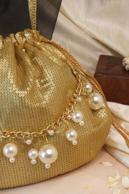 Soho Boho Studio By Aarti Thakur_Gold Sequins, Pearls Potli Bag _Online_at_Aza_Fashions