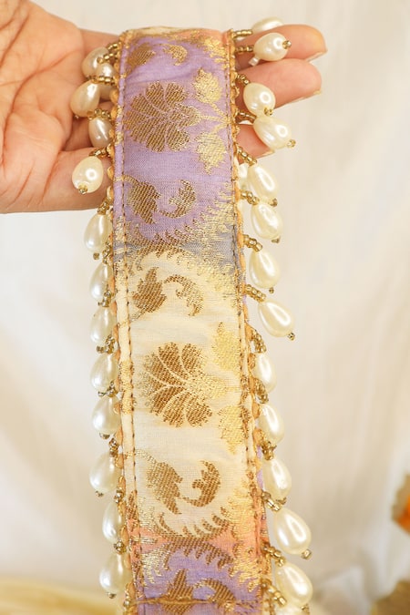 Soho Boho Studio By Aarti Thakur_Multi Color Pearls Banarasi Silk Moon Handbag _Online_at_Aza_Fashions