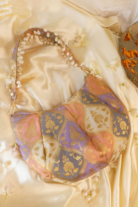 Shop_Soho Boho Studio By Aarti Thakur_Multi Color Pearls Banarasi Silk Moon Handbag _Online_at_Aza_Fashions