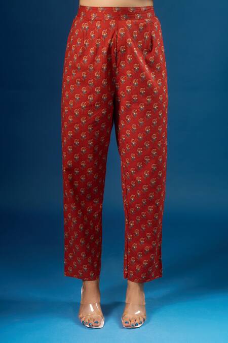 Shop_Naintara Bajaj_Red Cotton Embroidery Keyhole Neck Floral Print Kurta Pant Set _Online_at_Aza_Fashions