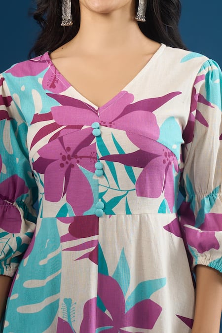 Naintara Bajaj Purple Cotton V-neck Floral Print Dress Online at Aza Fashions Naintara Bajaj_Purple Cotton V-neck Floral Print Dress _Online_at_Aza_Fashions