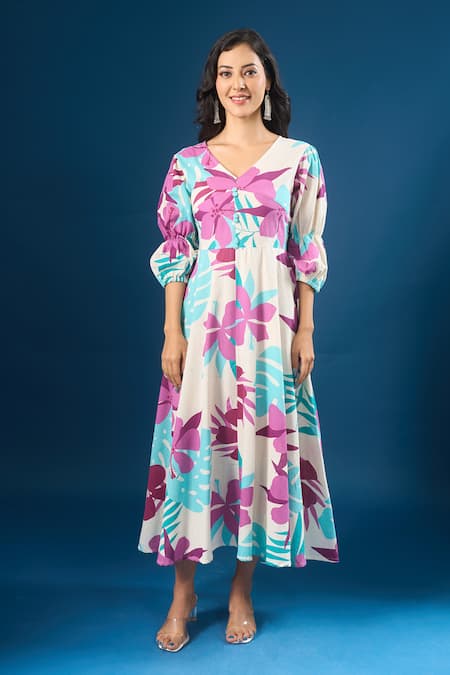 Naintara Bajaj Purple Cotton V-neck Floral Print Dress