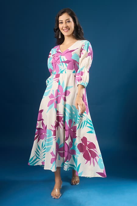 Buy Naintara Bajaj Purple Cotton V-neck Floral Print Dress Online at Aza Fashions Buy_Naintara Bajaj_Purple Cotton V-neck Floral Print Dress _Online_at_Aza_Fashions