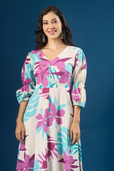 Shop Naintara Bajaj Purple Cotton V-neck Floral Print Dress Online at Aza Fashions Shop_Naintara Bajaj_Purple Cotton V-neck Floral Print Dress _Online_at_Aza_Fashions