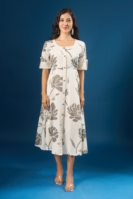 Naintara Bajaj Off White Cotton Round Neck Florette Print Dress Online at Aza Fashions Naintara Bajaj_Off White Cotton Round Neck Florette Print Dress _Online_at_Aza_Fashions